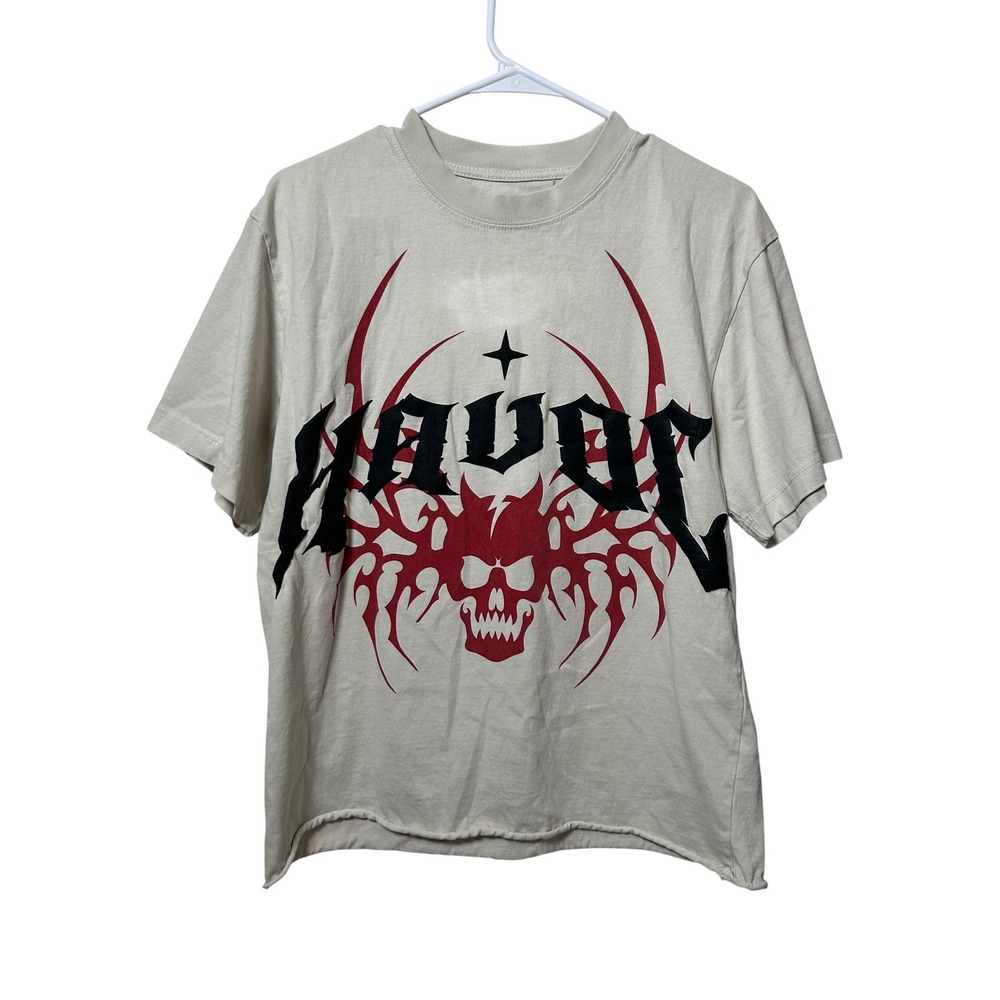 PacSun‎ Havoc Graphic T-Shirt Mens Crop Small Cream Skull Raw Hem Distressed